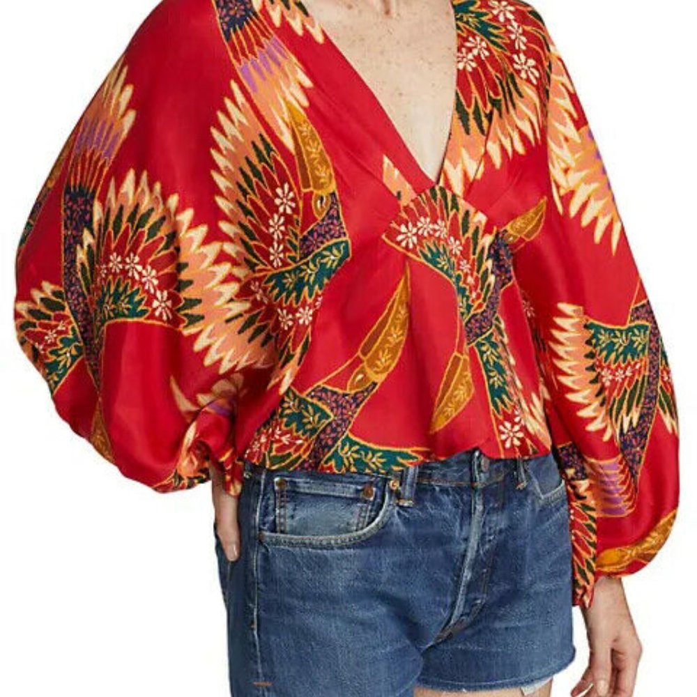 SOLD 🌷Farm Rio Red Toucan Tropical Bird Bell-Sleeve Blouse Top